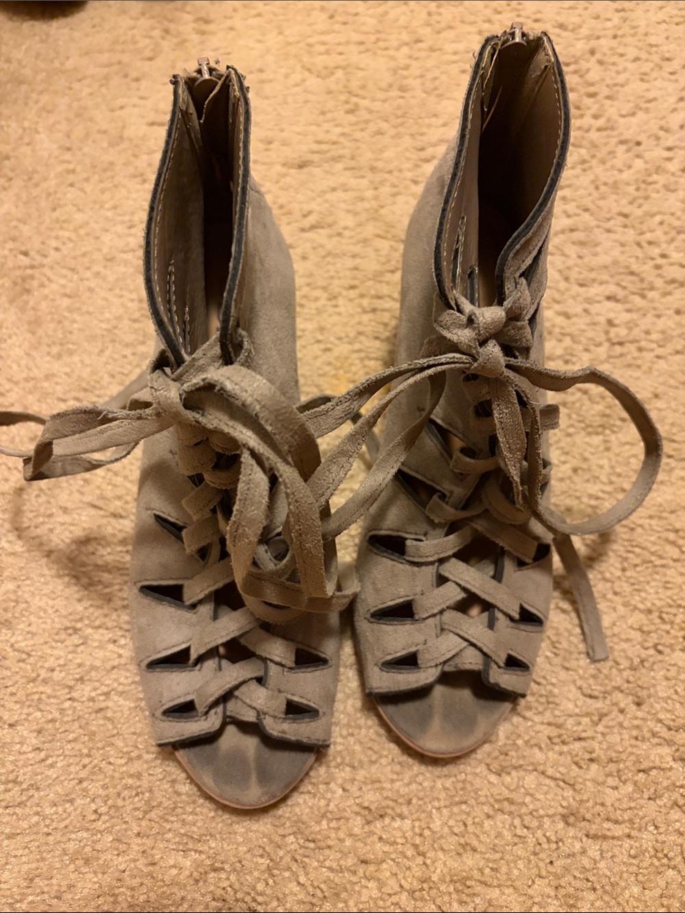 Soda Taupe Suede Lace-Up Peep Toe Heeled Booties